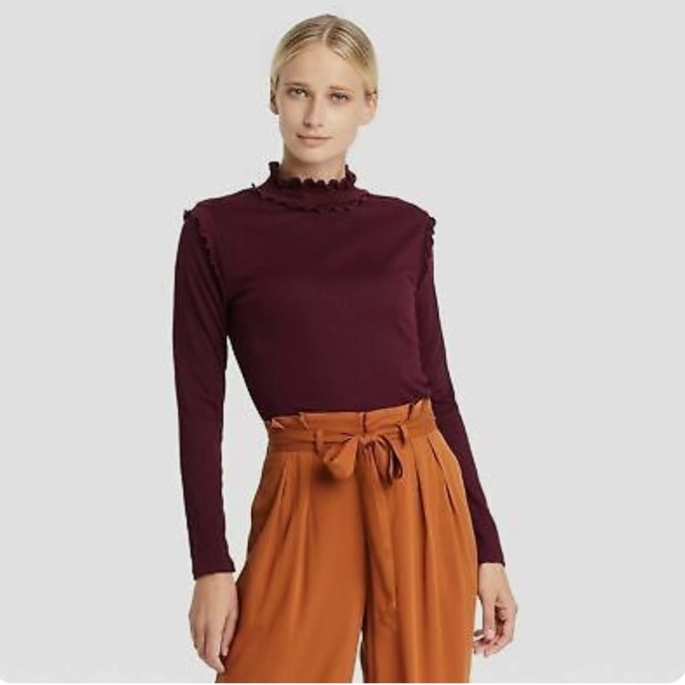 whowhatwear ruffled lettuce edge turtleneck red wine oxblood